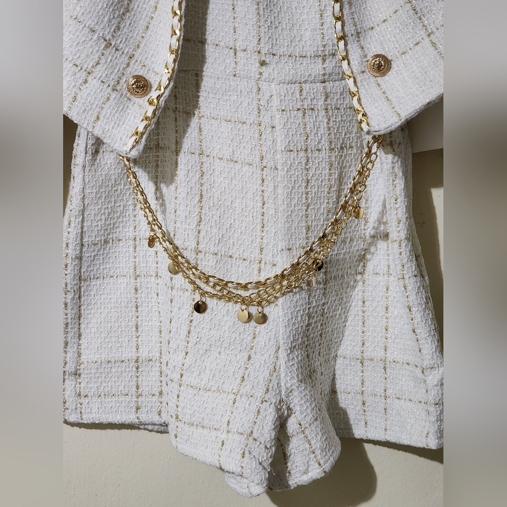 Chic White and Gold Plaid Jacket and Jumpsuit Set - Picture 3 of 16